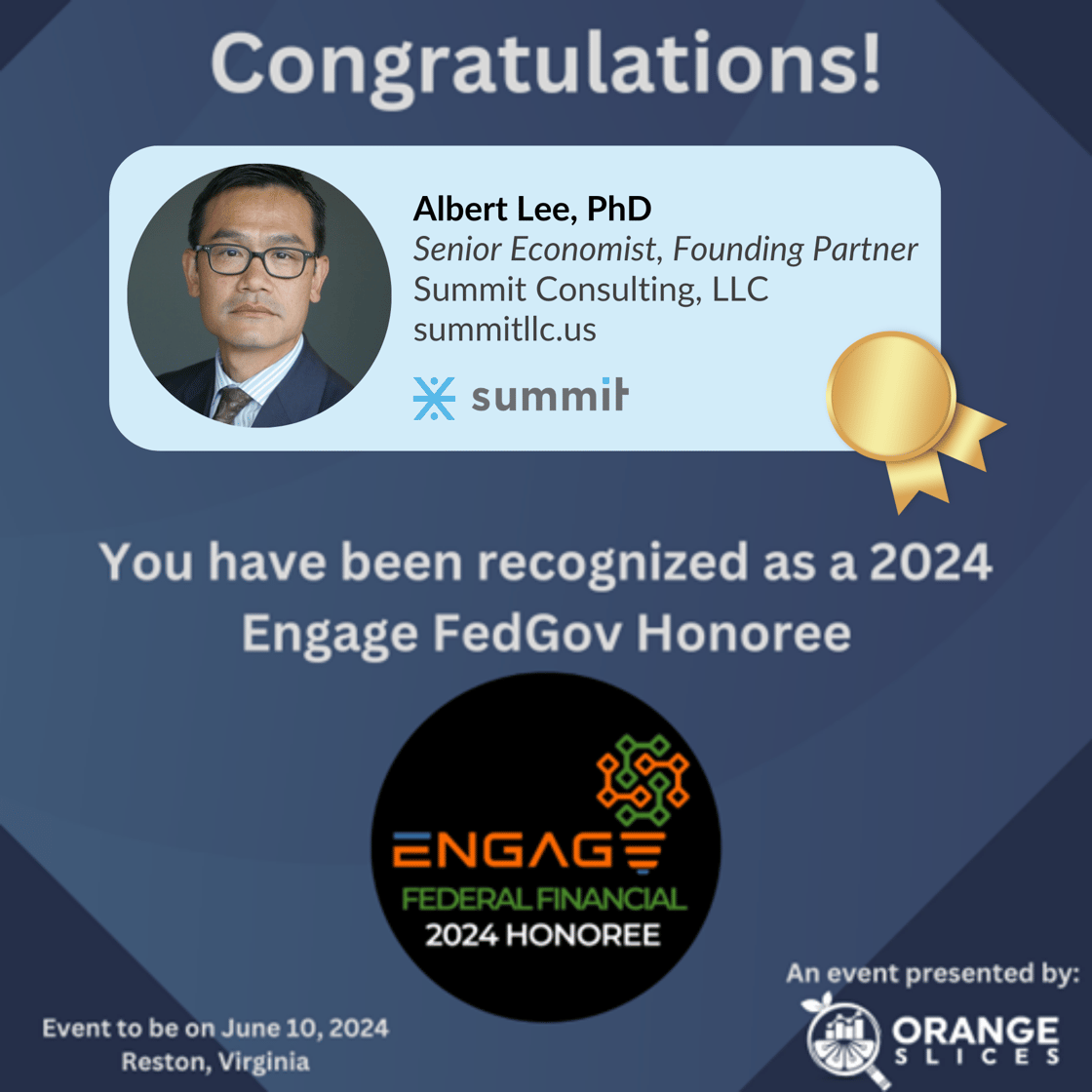 Albert Lee wins OrangeSlices AI Engage FedGov Honoree