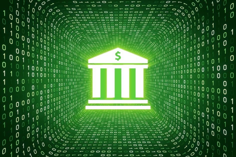 White bank icon inside white binary tunnel on green background